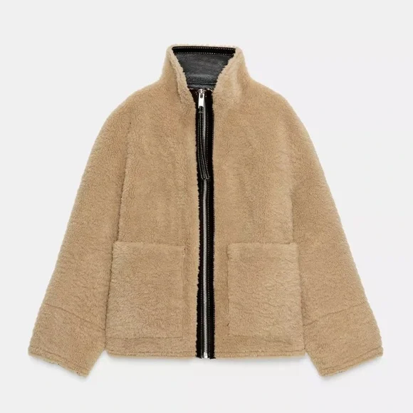 NWT Zara | ZW COLLECTION FAUX SHEARLING DOUBLE-FACED Tan Teddy Jacket for Women - Picture 4 of 17